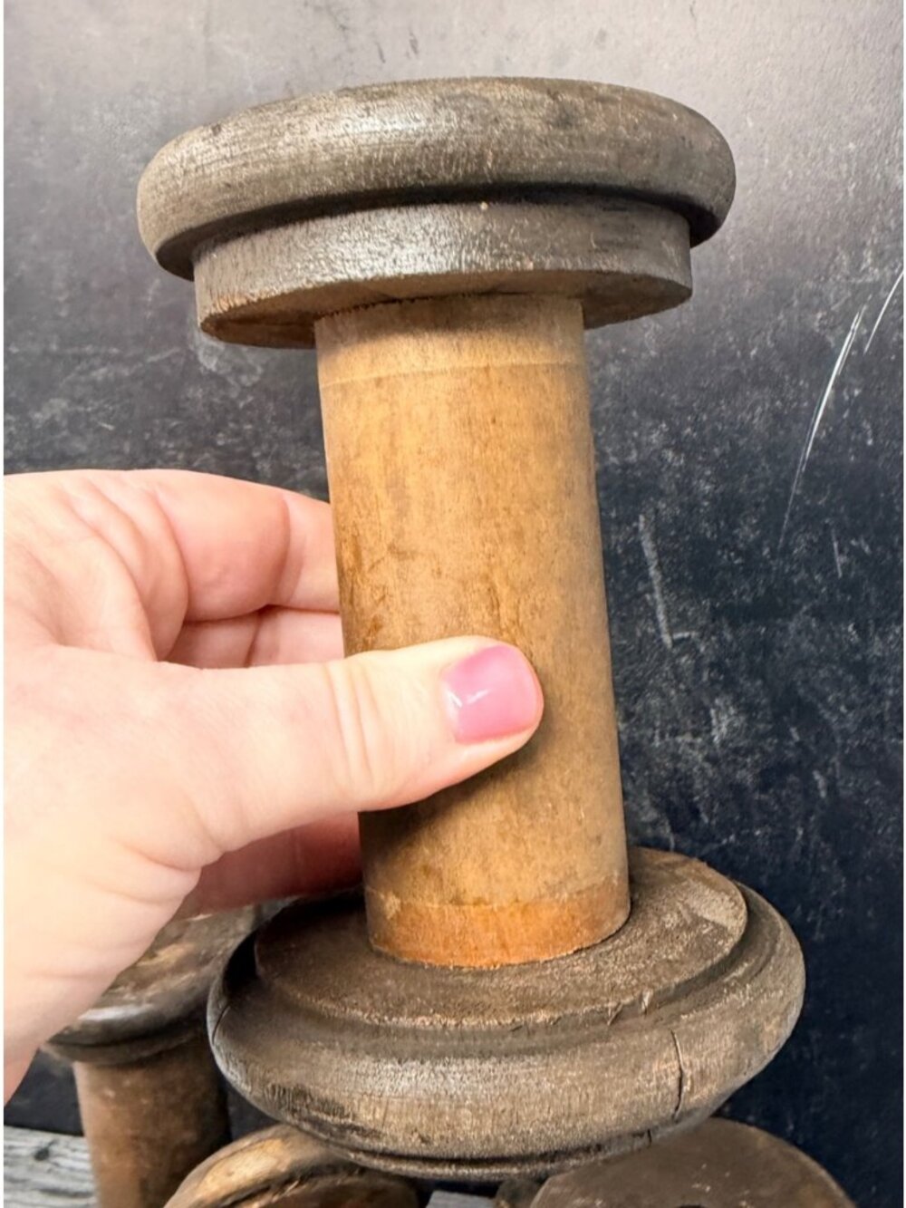 Vintage Large Wood Wooden Spool Rustic Textile Bobbin Decor Handmade 6.5" - Picture 3 of 5